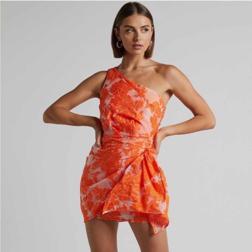 Showpo Bradley Orange Floral One-Shoulder Mini Dress